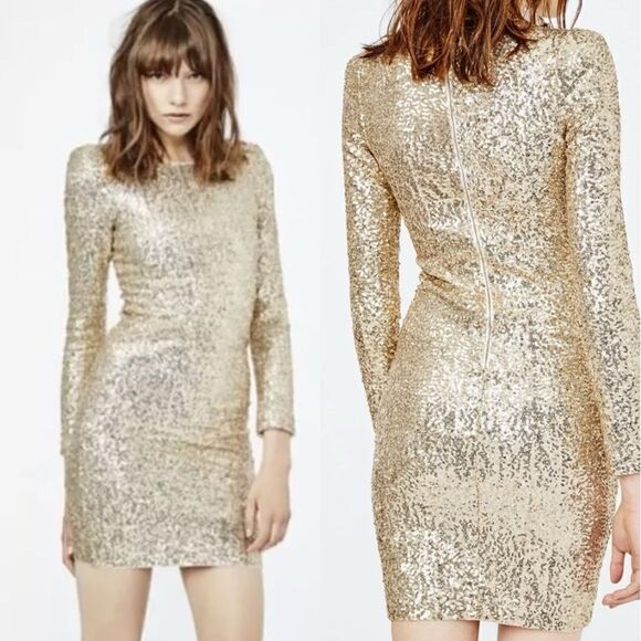 Maje Dresses & Skirts - Maje Regie Mini Gold Dress Sequin Long Sleeve Size M